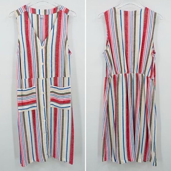 Old Navy Size Medium Linen Blend Sleeveless Striped Midi Dress Pockets - Picture 6 of 12
